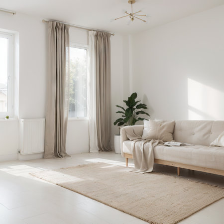 Neutral colour home interior showing curtains and carpetの素材