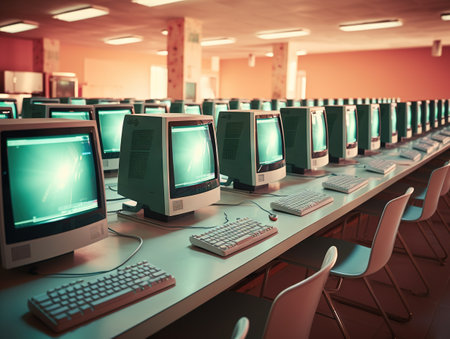 Photo of row computers in classroom or other educational institutionの素材