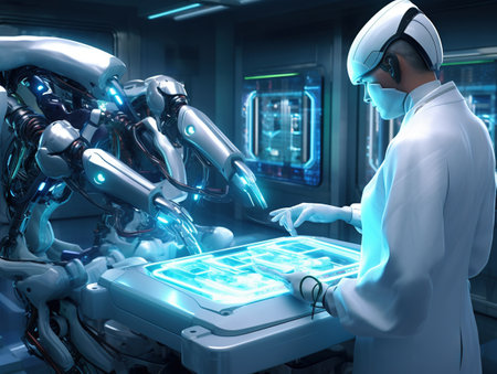 Robotic arms performing experimental surgery on dummyの素材