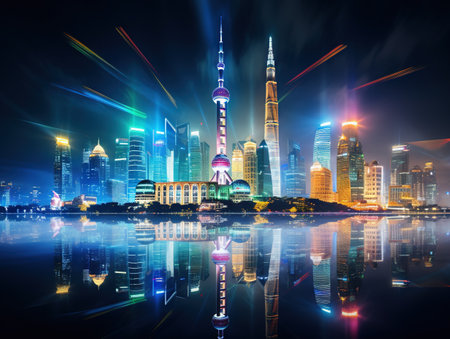 Skyline night view on Pudong New Area Shanghai.の素材