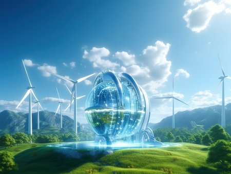 Hydrogen renewable energy production - hydrogen gas for clean electricity solar and windturbine facility. 3d renderingの素材