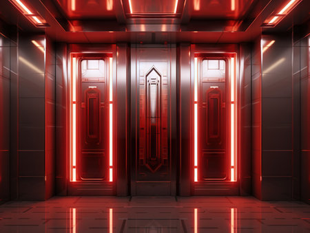 Futuristic corridor with glowing doors. 3d render illustration.の素材