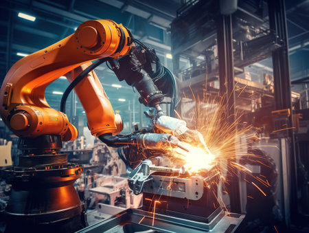 Engineer check and control welding robotics automatic arms machine. Augmented reality in intelligent factoryautomotive industrialの素材