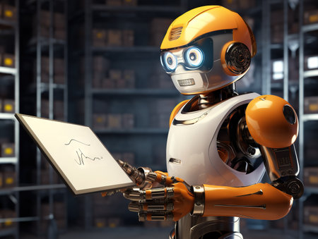 Robot in hardhat with clipboardの素材