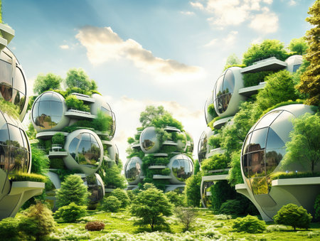 Green futuristic city living concept. Life with green houses soの素材