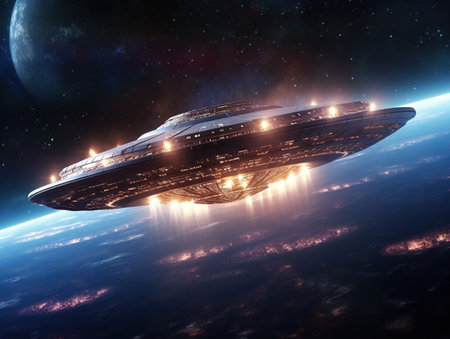 Alien mothership spaceship in deep space UFO spacecraft flying in the Universe with planet and stars 3D renderの素材
