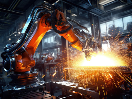 Motion Welding robots in factory with sparks manufacturing industry factoryの素材