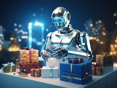 Robot shopping for gifts on a laptopの素材