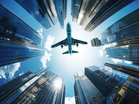 Plane Flying Over Tall Vertical Skyscrapers in Through Fisheye Lensの素材