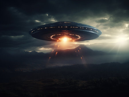 UFO flying in a dark skyの素材