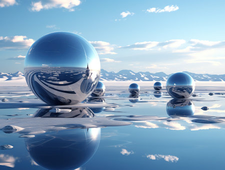 abstract 3d render of crystal ball in water with mountain backgroundの素材