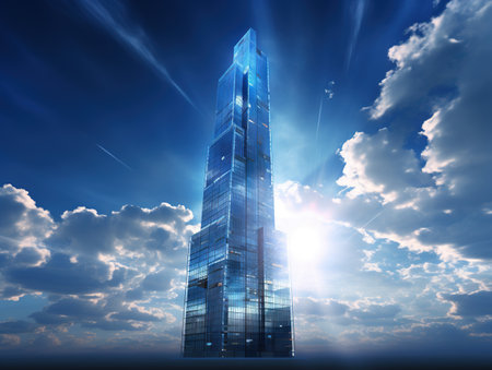 Modern black skyscraper on skyの素材