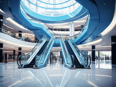 Interior of empty shopping mall toned in blueの素材