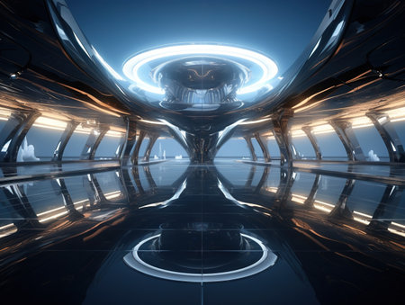 Full 360 degree equirectangular panorama hdri of dark modern futuristic shiny reflective building interior 3d render illustrationの素材