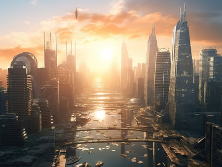 Future City in Misty Sunsetの素材