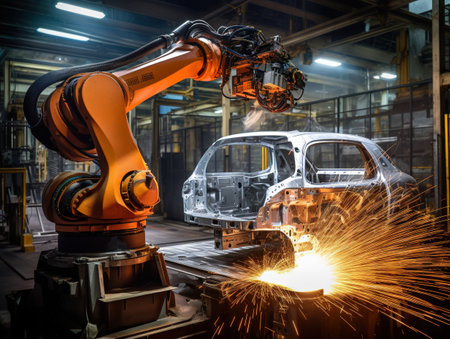 Industrial robot is welding assembly steel part in car factoryの素材