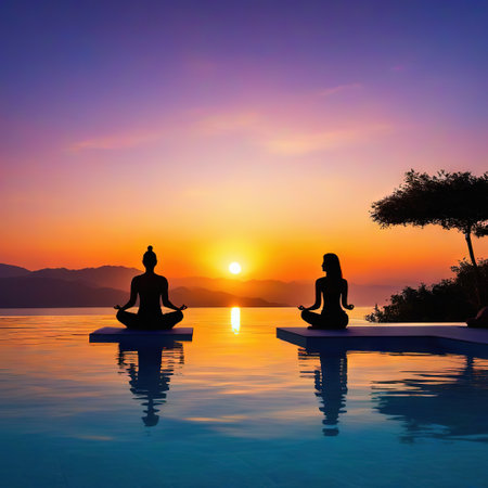 women medication yoga in the water of pool resort with beautiful mountain view created withの素材