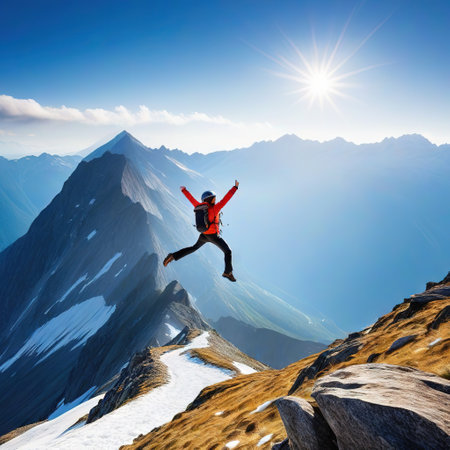 with open arms jumping on the top of wide Hiker withの素材