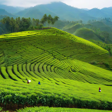 Women in asia pick tea on green plantation landscapeの素材