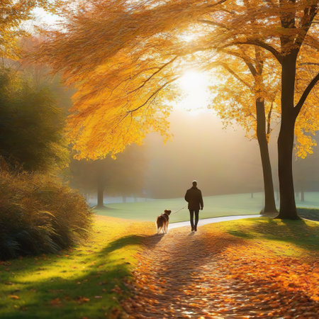 walking his dog in a enjoying a peaceful autumn season Pet ownership and natureの素材