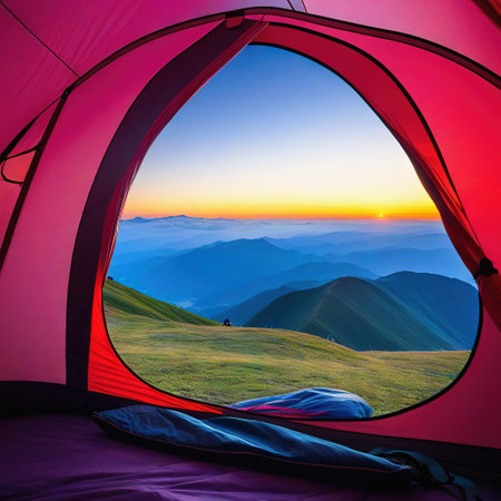 view from tent observing the view of a mountain artの素材