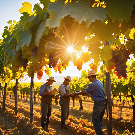 Vineyard Workers Harvesting Grapes In The Golden Light Ofの素材