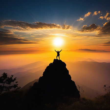 Two silhouette with arms raised up on mountain top at illustrationの素材
