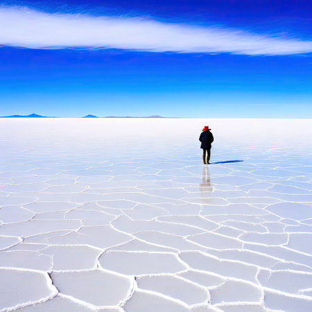Tourist in the Uyuni salt flats enjoying a splendidの素材