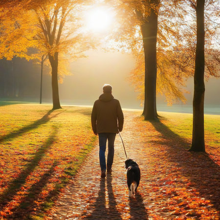 walking his dog in a enjoying a peaceful autumn season Pet ownership and natureの素材