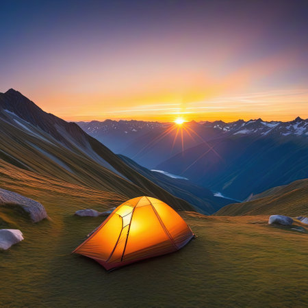 Tourist tent camping in mountains at sunsetの素材