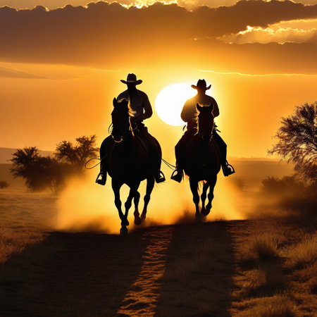 The image captures a of rugged cowboys riding their horses across a their Stetson hats shading their against the glare of theの素材