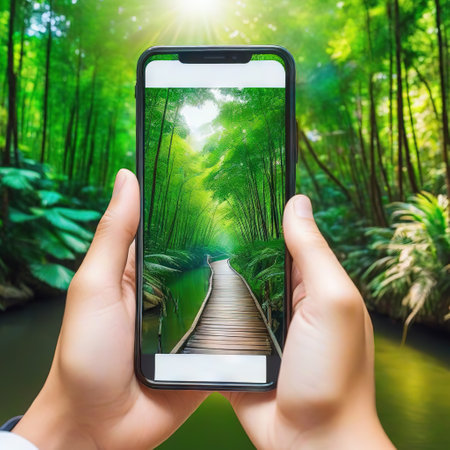 Travel blogger makes photo on smartphone to share on social mediaの素材