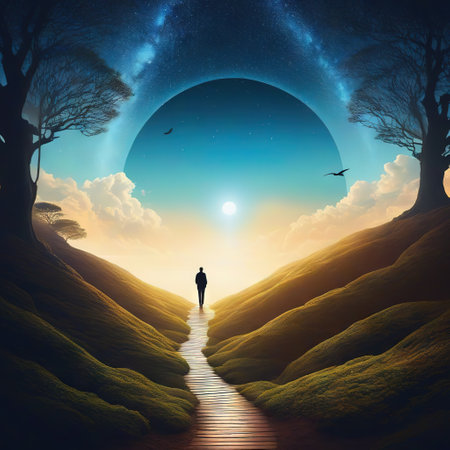 The silhouette of a following a path through a symbolic exploring inner self through illustrationの素材