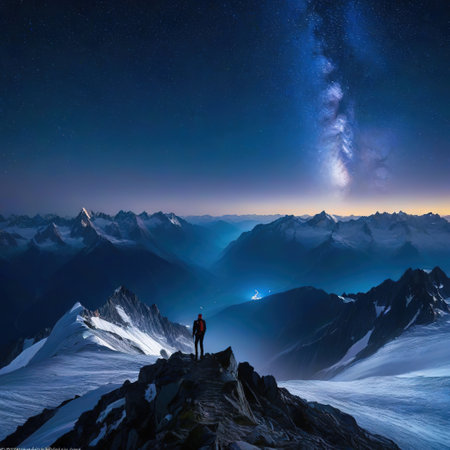 standing on mountaintop at night under clouds at skyの素材