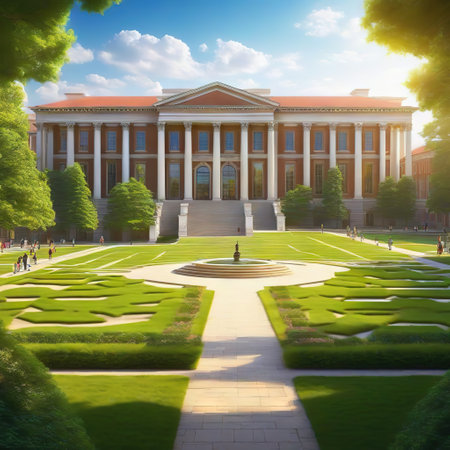 Students be seen strolling across the open space and relaxing on the Traditional college or university building withの素材