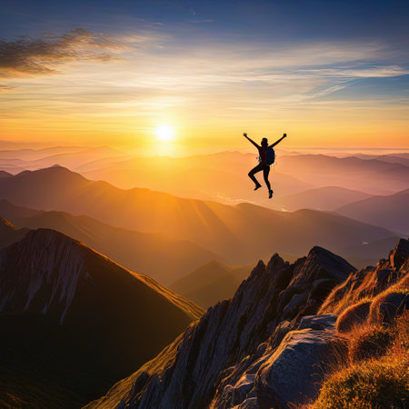 Photo for Successful joy when reaches to her jump on top of the mountain with arms open to a welcoming new day with - Royalty Free Image