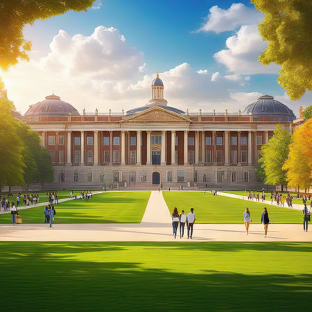 Students be seen strolling across the open space and relaxing on the Traditional college or university building withの素材