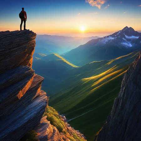 standing on top of a rocky mountain with his back turnedの素材