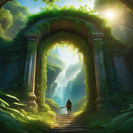 Spectacular archway covered with vine in the middle of fantasy taleの素材