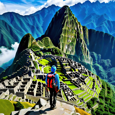 A backpacker with backpack is standing on the peak of mountain with Machu the famous landmark of as the Travel and journeyの素材