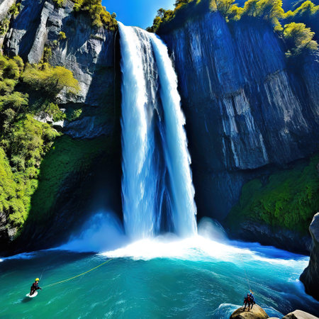 A canyoning in the cliff near the waterfallの素材