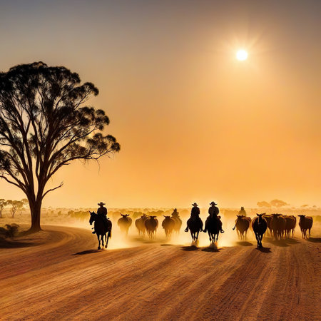 Australian outback landscape with on horse herding cattle along a dusty paddock atの素材