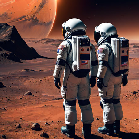 Back view of two astronaut wearing space suit in Mars looking at the base and Composite with different elementsの素材