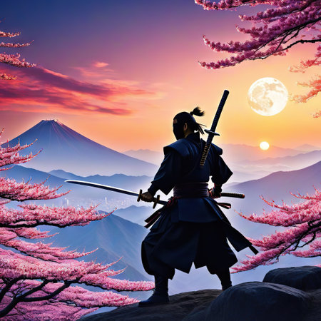 Alone samurai against the fully equipped with a Falling sakura flowers and a samurai against the background of a sunset withの素材