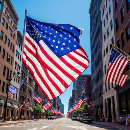 American flag fluttering in the breeze on a deserted main street on memorialの素材