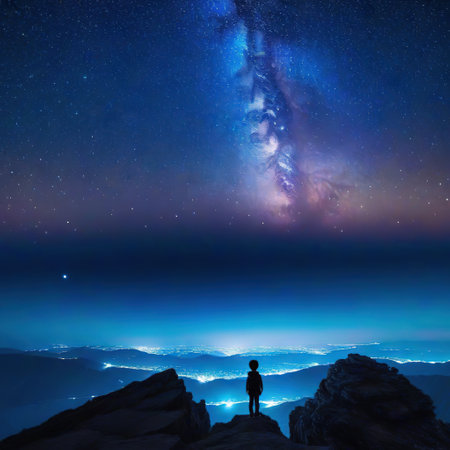a standing at cliff looking at beautiful starry sky at glitter glow galaxy sky at night timeの素材