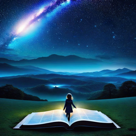 a stand on a giant book opened on ground with fairytale nature pop out from paper idea for imagination of childhoodの素材