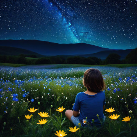 a sitting in flower field under starfield idea for hope andの素材