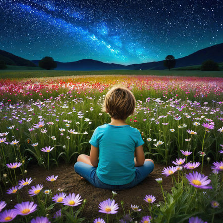 a sitting in flower field under starfield idea for hope andの素材
