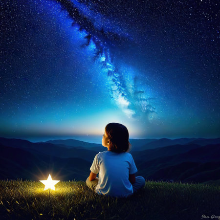 a looking at night starry sky with glitter glow galaxy flicker idea for prayer of peaceの素材